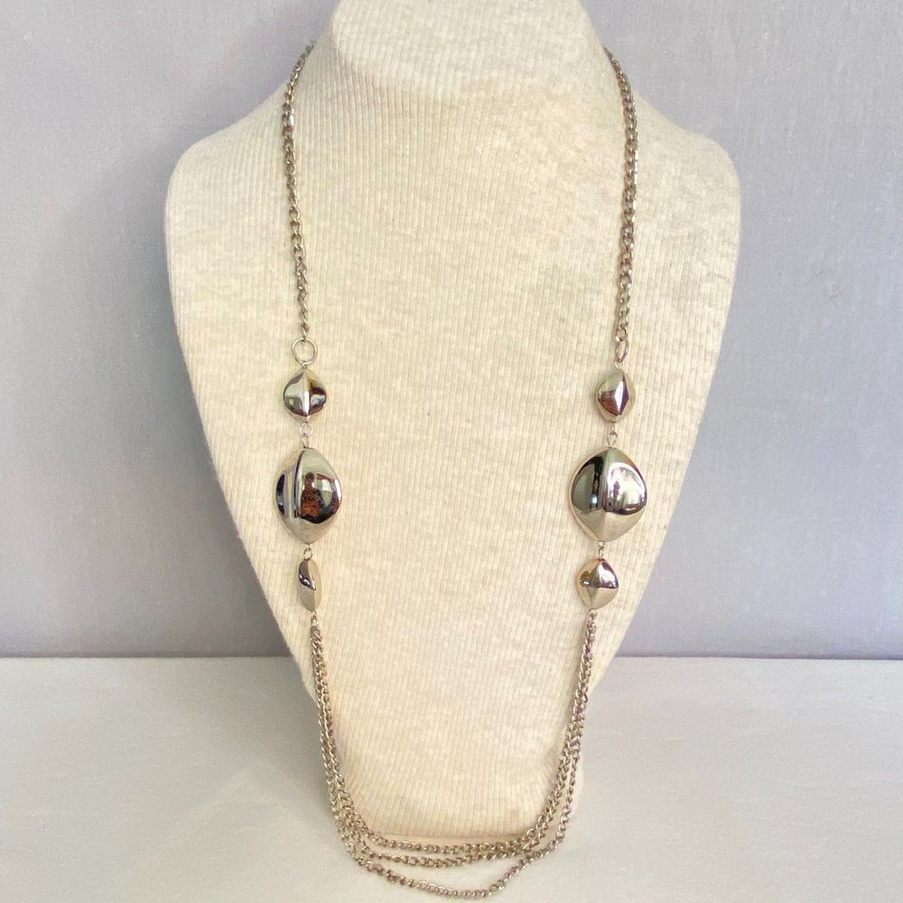 💎Silver Tone Opera Necklace Smooth Dics And Layered Cable Chains